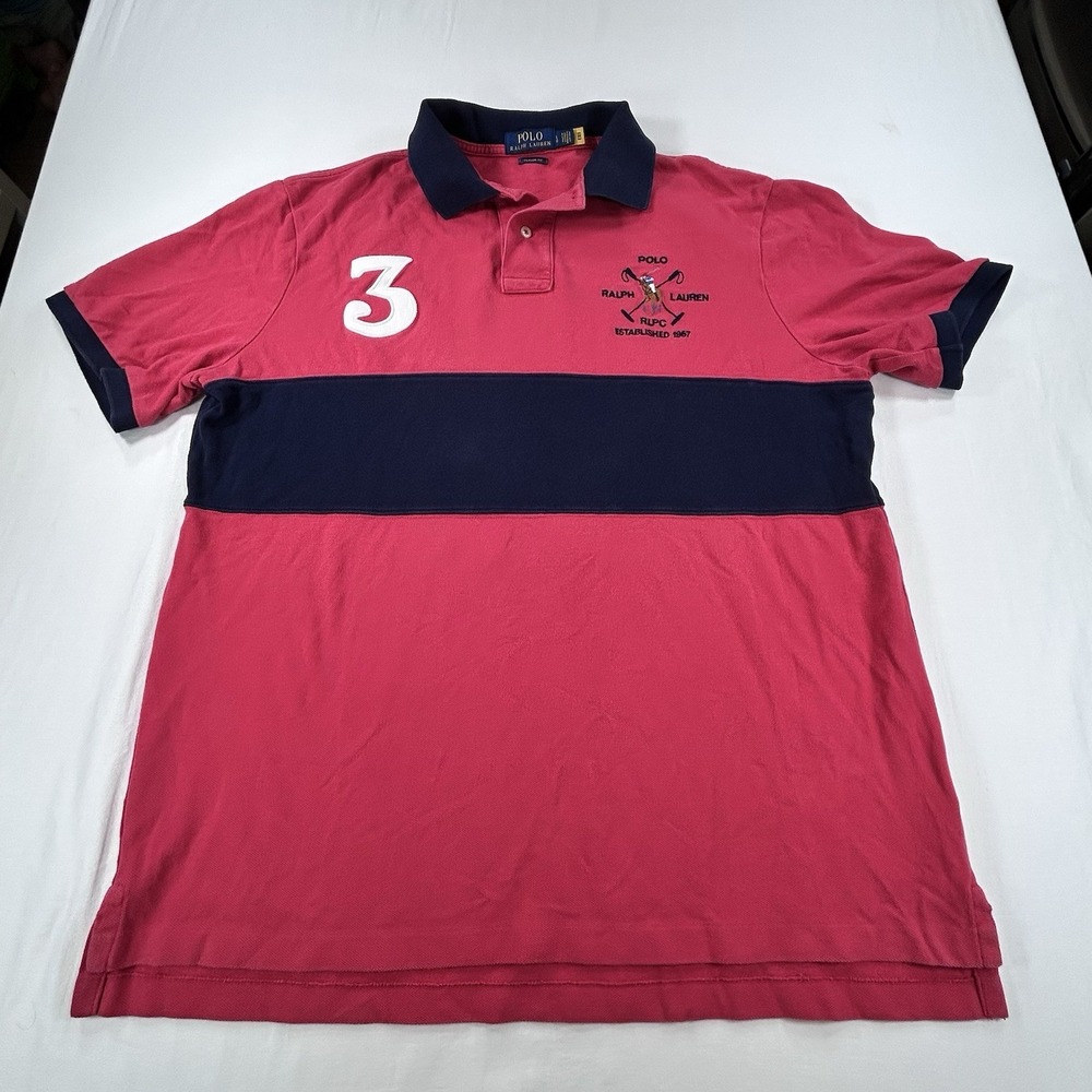 Polo Ralph Lauren Shirt Number 3 Classic Fit L Color Block Pony Rugby Red Navy